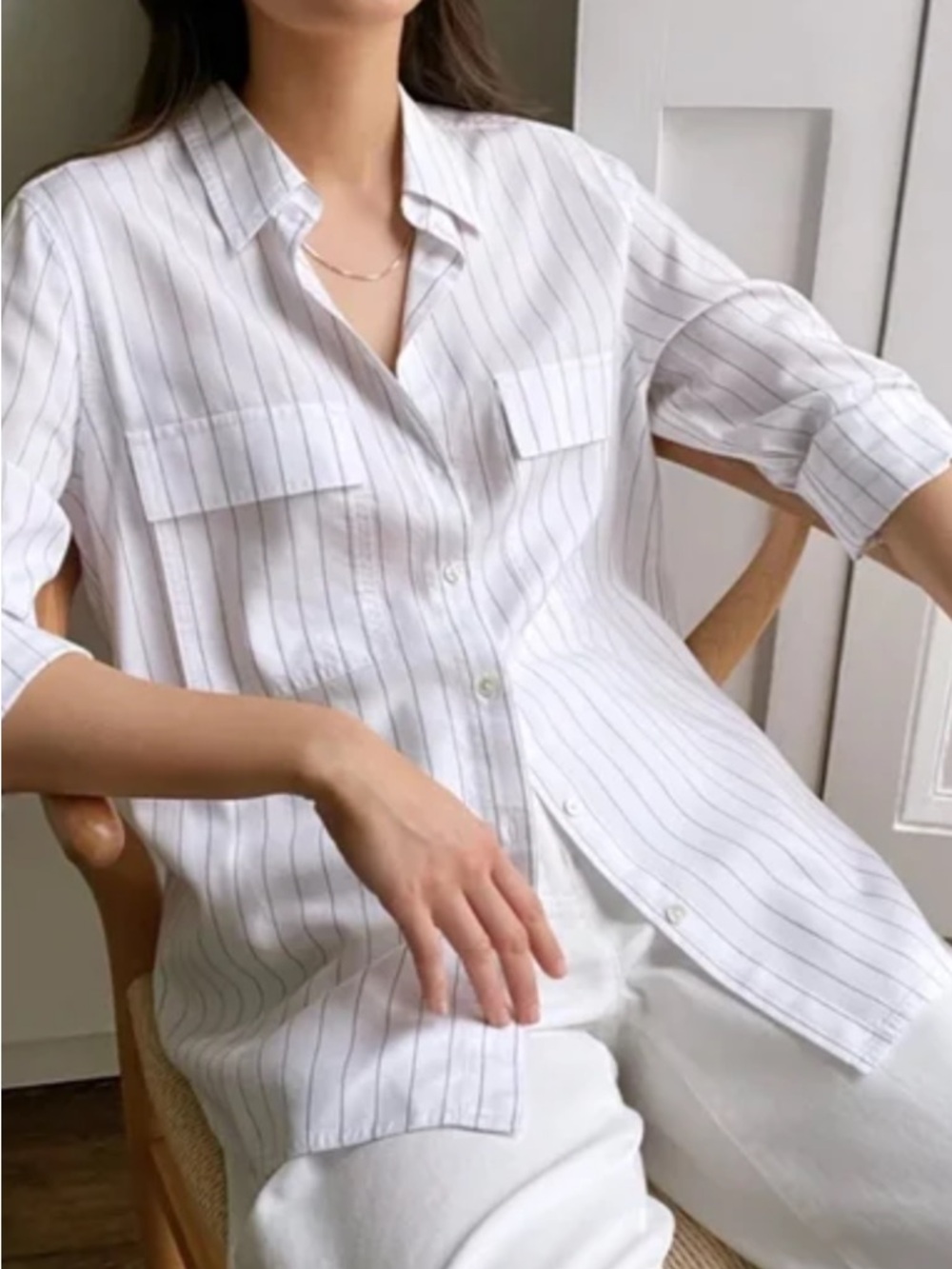 Aritzia White Button-Up with Subtle Gray Pinstripes